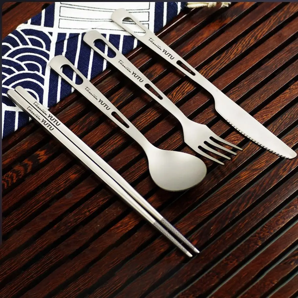 

1 Set Ultralight Titanium Tableware Portable Easy To Clean Flatware Set Simple Storage Household Pure Titanium Cutlery Set