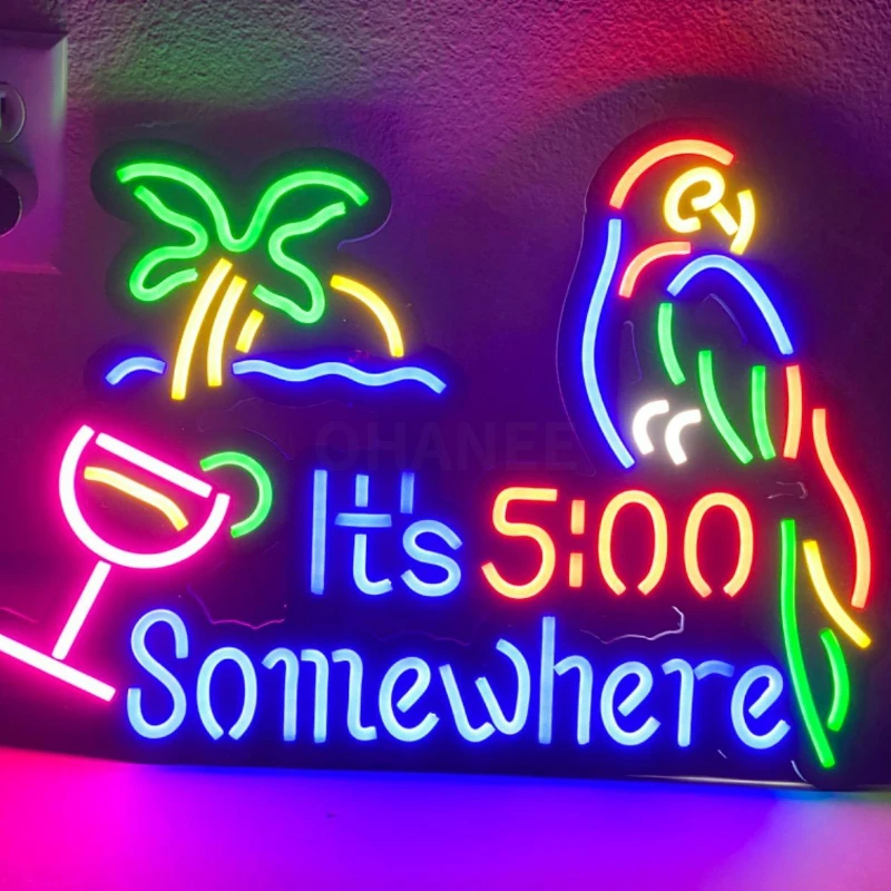 

It's 5:00 SomeWhere Parrot LED Neon Sign Art Wall Lights for Beer Bar Club Bedroom Windows Hotel Pub Cafe Wedding Party Gifts