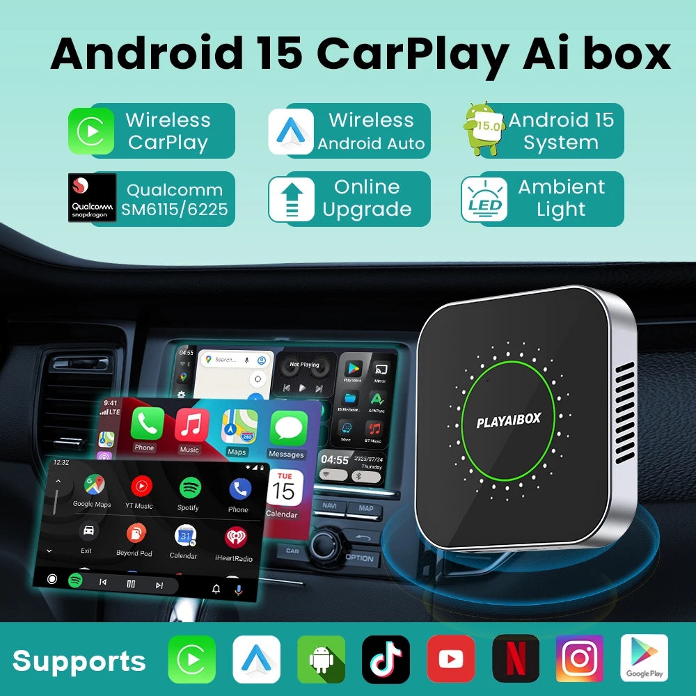 CarPlay AndroidAuto AI BOX Android 搭載 Android 15 CarPlay Ai Box Wired to Wireless Android Auto Built-in
