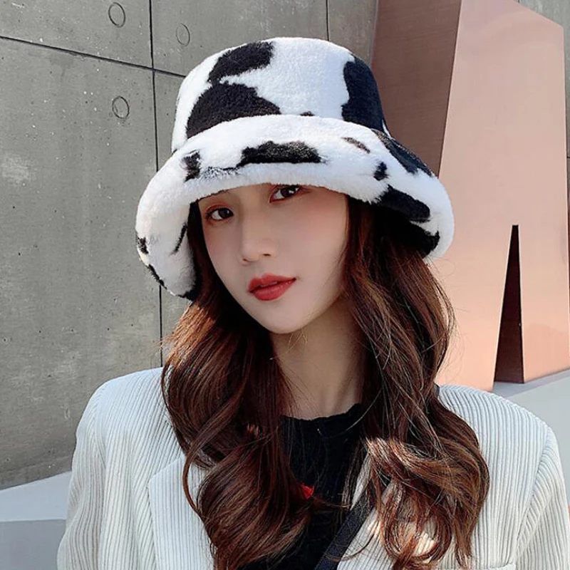 Tanio Zima krowa Leopard futerko puszyste kapelusze wiadro kobiety na sklep