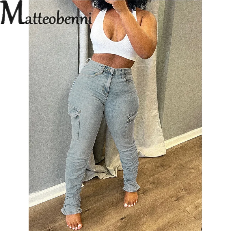 Fashion Pleated Side Splicing Pockets Pencil Jeans Female Street Casual Urban Commuter Slim Fit Denim Pants Stretch Trousers New women s jeans korean version was thin and high nine points jeans summer loose stitching fake pockets wild straight pants female