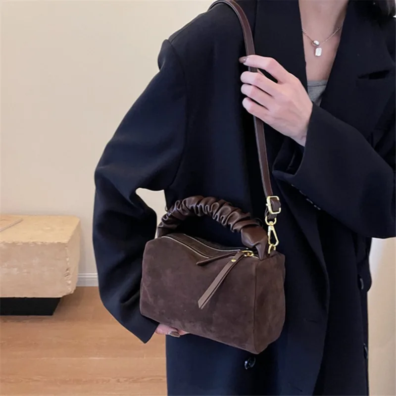 Vintage Handbag with Ruched Handle Faux Suede Chic Crossbody Bags, Retro Minimalist Design, Perfect for Daily & Casual Outings