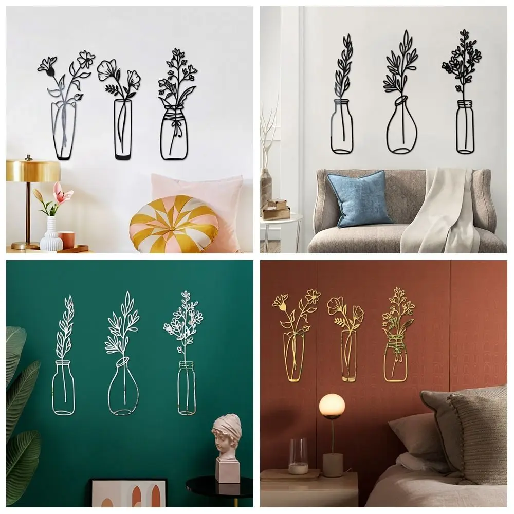 3PCS/Set Acrylic Living Room Ornament Self-adhesive Potting Plant Mirror Surface Decals Wall Stickers 3D Flower Vase