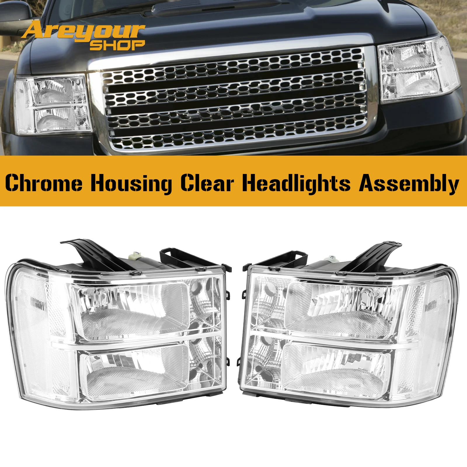 

Chrome Clear Headlights Assembly For GMC Sierra 1500 2500HD 3500HD 2007-2014 B