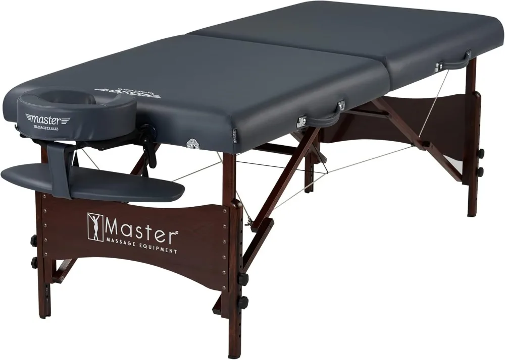 Master Massage Newport Portable Massage Table Package with Denser 2.5" Cushion Walnut Stained Hardwood Steel Support Cables