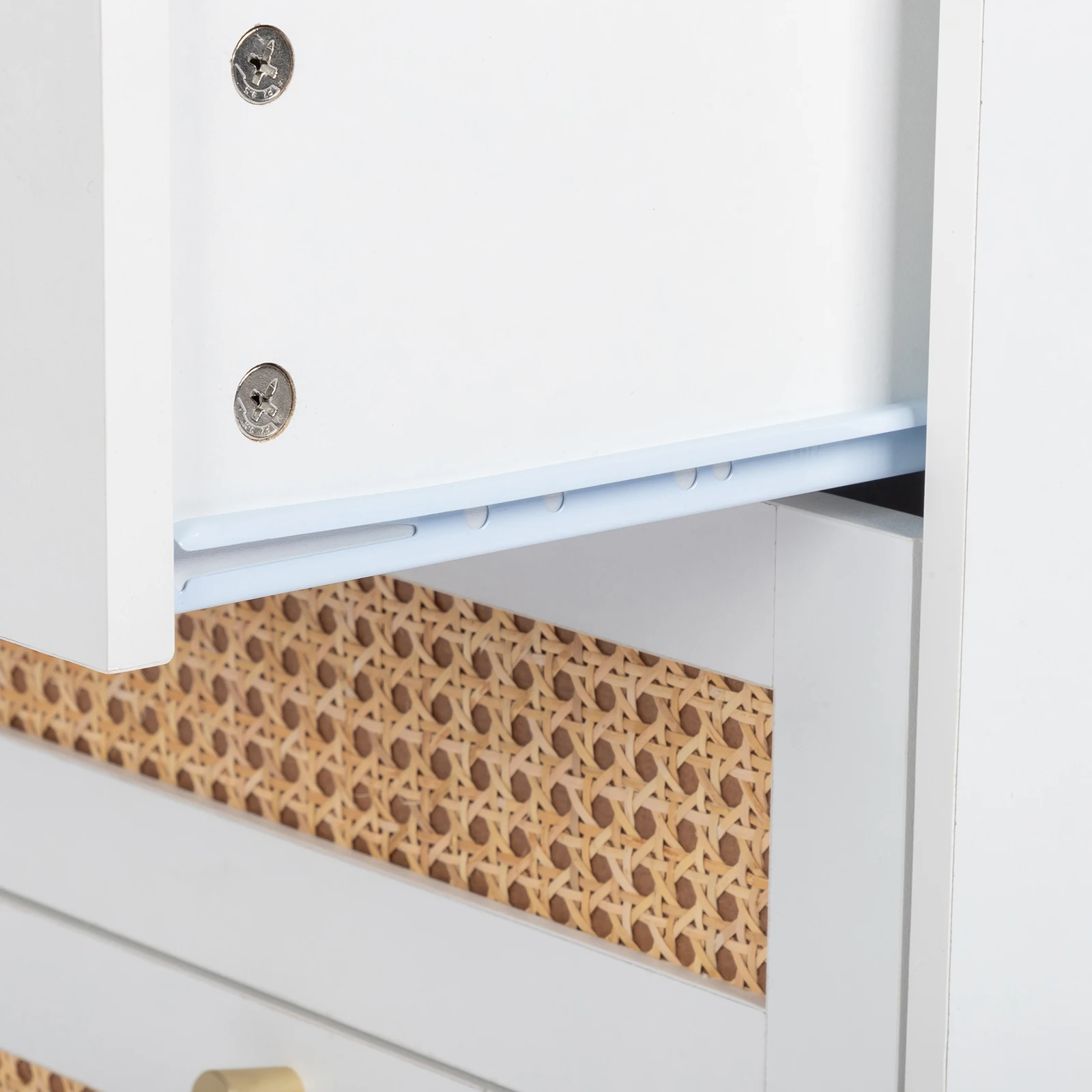 White Particleboard With Triamine Matt Gold Tapered Handle 45*35*63cm Rattan Two Drawers With Compartments Bedside Table