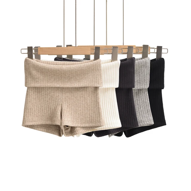 Summer Clothes Casual Shorts Woman Knit Fold Over Shorts High Waisted Slim Fit Stretchy Yoga Shorts Active Jogger Shorts Black