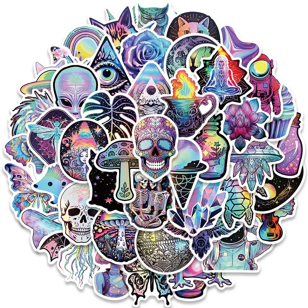 50pcs Cool Cartoon Laser Holographic Trippy Skull Stickers For Laptop Phone Guitar Luggage Diary Waterproof Graffiti Decals 10 30 50 100pcs vintage global travel city landscape stickers graffiti decal laptop scrapbook phone diary cartoon sticker toy