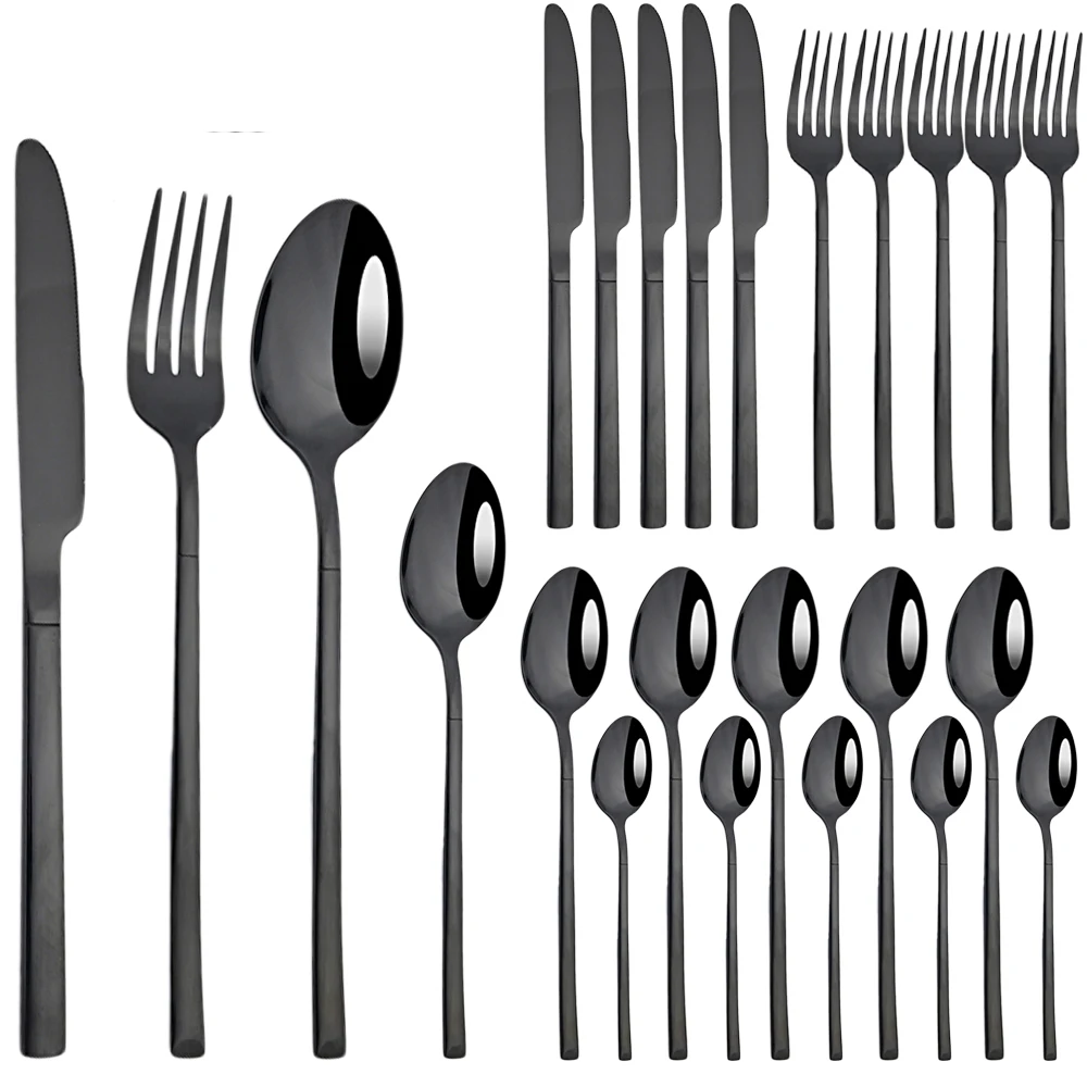 

JANKNG 24Pcs Dinnerware Sets Stainless Steel Cutlery Set Knife Fork Spoon Black Flatware Set Mirror Tableware Dinner Silverware