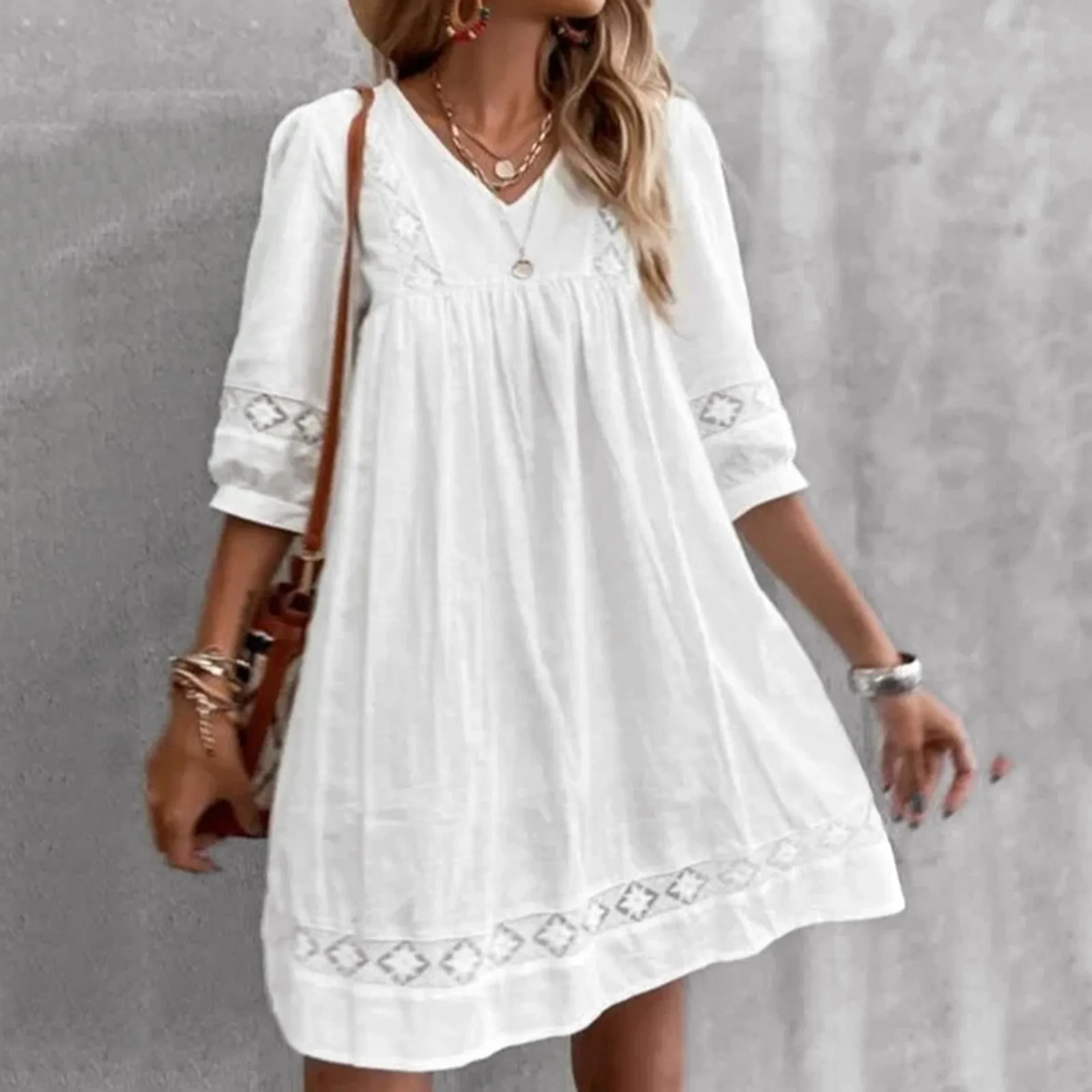 

Boho Sundress For Women Casual Summer Lace Dress Vintage Lace V Neck Short Sleeve Dress Women Sling Half Sleeve Beach Dresses