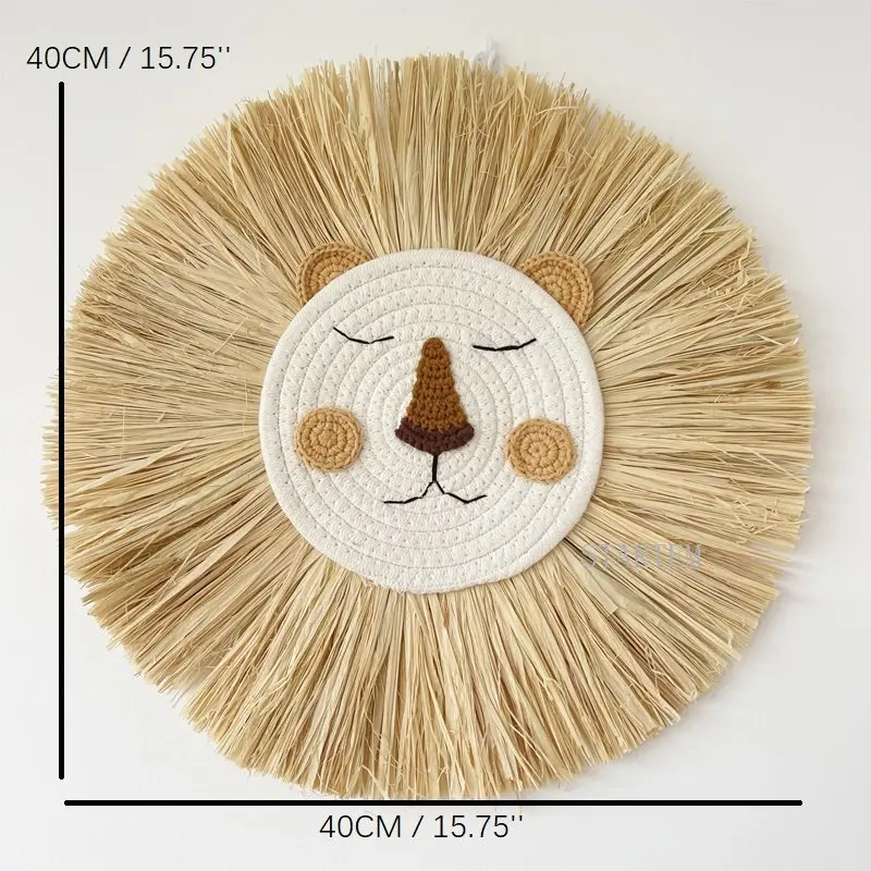 INS Nordic Handmade Lion Wall Decor Cotton Thread Straw Woven Animal Head Wall Hanging Ornament for Nursery Baby Room Decoration 6