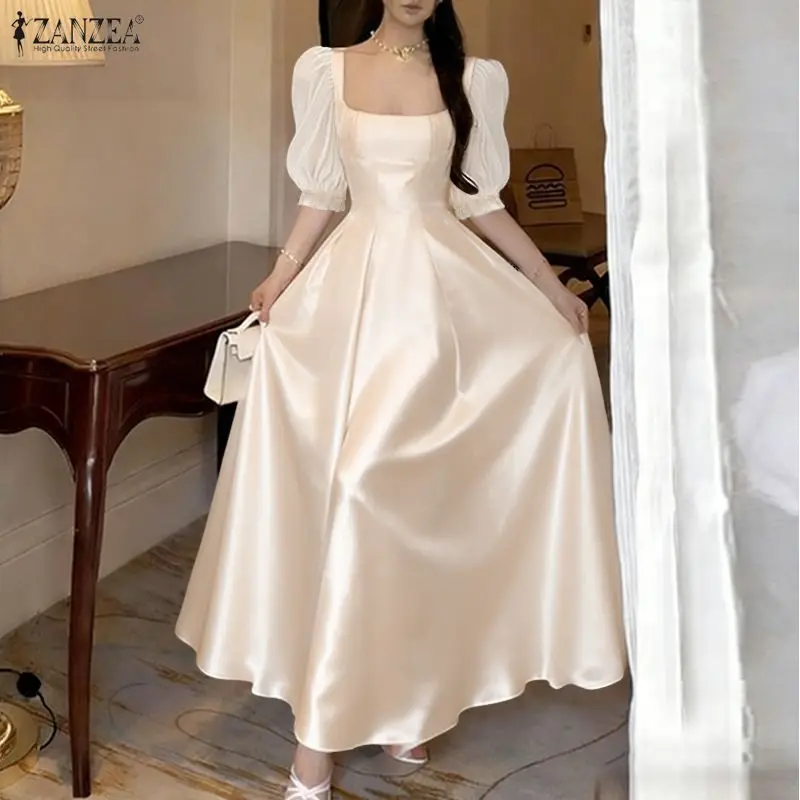ZANZEA Elegant Stylish A Line Party Dress Women Square Neck Short Puff Sleeve Sundress Mesh Patchwork Dresses Waisted Robe 2026 4