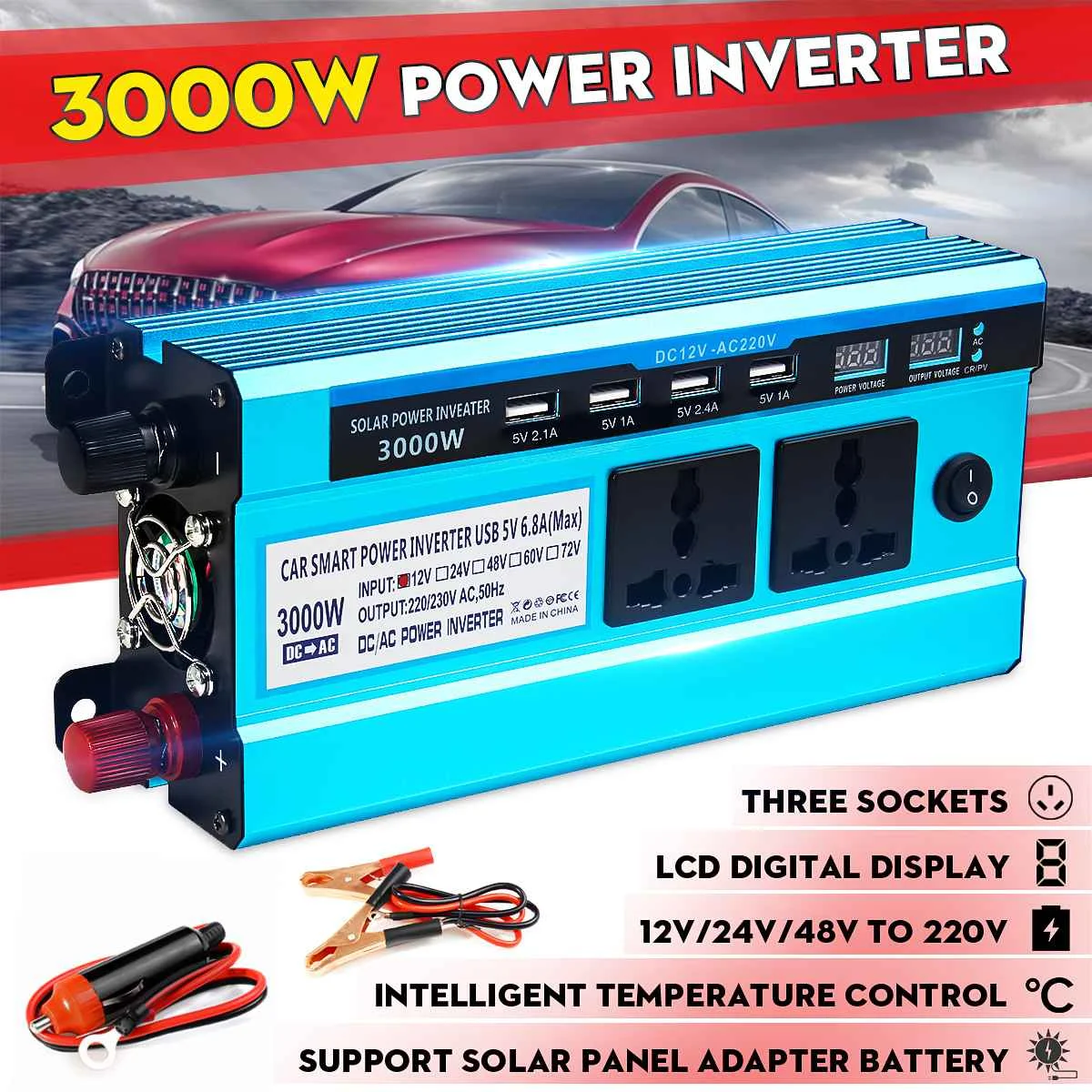12V/24V/48V 220V 3000W Solor Power Inverter Car 4 USB Input Voltage Transformer Adapter Charging Converter | Обустройство дома