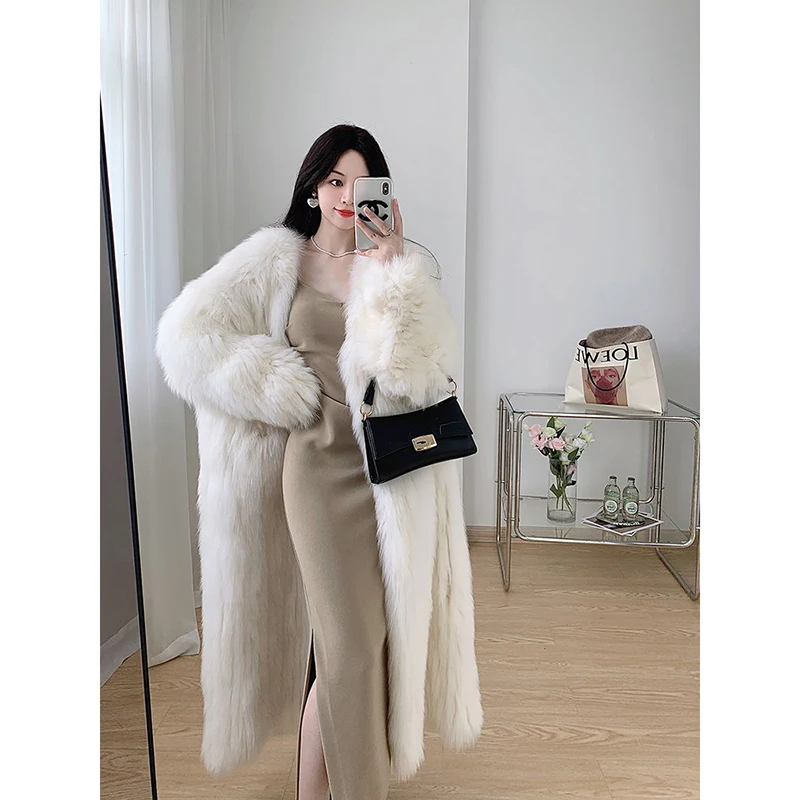 Street Style Fashion Long Sleeve V-neck Women's Faux Fur Coat 2023 Winter Fox Fur Coat Commute Style Long Thick Faux Fur Coat