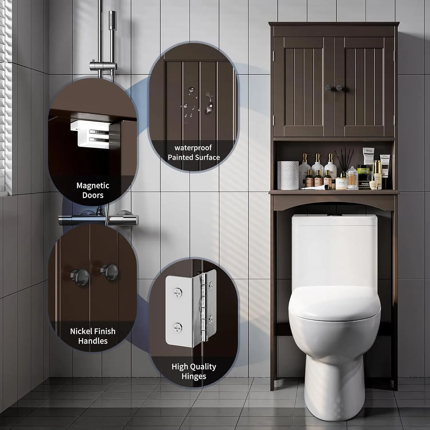Over The Toilet Storage Cabinet with Open Shelf, Over Toilet Bathroom Organizer with Adjustable Shelf and Double Doors 6