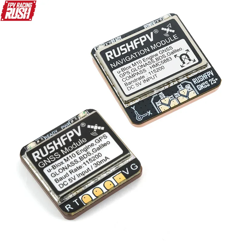 Gros plan du module GNSS Mini RUSHFPV avec boussole, connecteurs et antenne visibles.