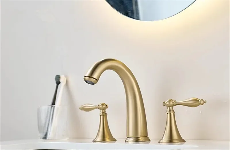 Description Picture 3 of itemBrushed Gold Bathroom Faucet Total Brass  Basin Widespread Sink 3 Hole Hot And Cold Waterfall Water Tap