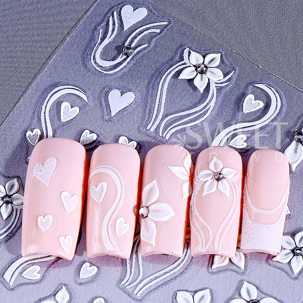 1/2pcs Gold White Flower Nail Art Stickers 5D Embossed Self-Adhesive Love Heart Line Nail Decals French Manicure Decoration