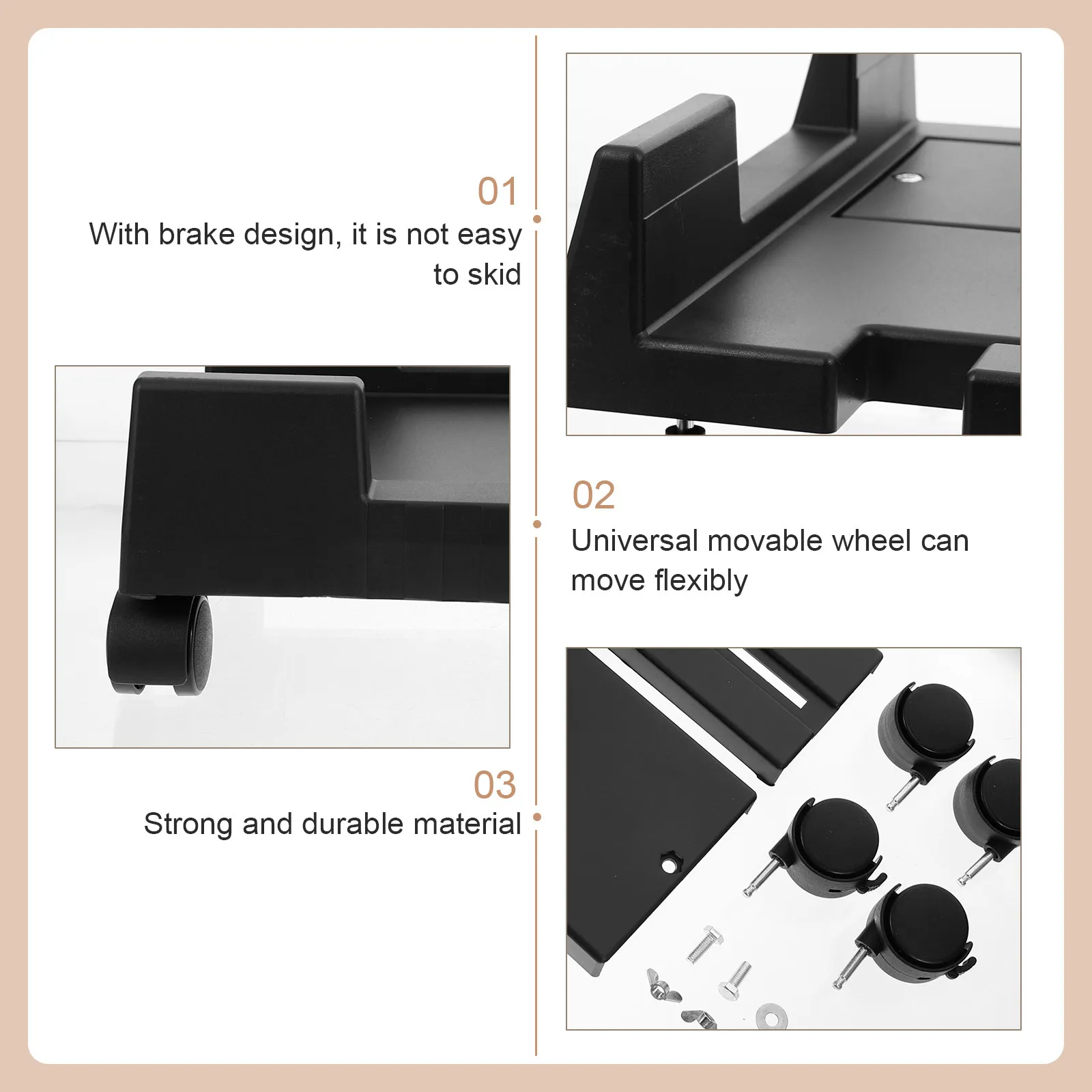 모바일 컴퓨터 타워 스탠드 플라스틱 CPU 홀더(바퀴 포함) 브레이크 디자인 이동식 데스크탑 PC 스탠드 열 방출 컴퓨터