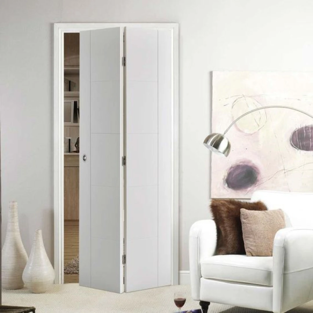 House Decoration 2 Panel White Bifold Closet Door Top Arch Panel Solid Wood Folding Sliding Doors 6