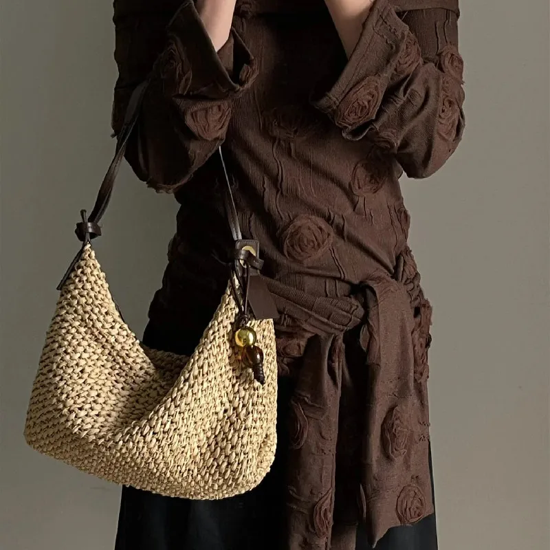 Woven Summer Fashion Straw Bag Beach Holiday Crossbody Bag Shopping Large Capacity Shoulder Handbag Messenger Ladies Women