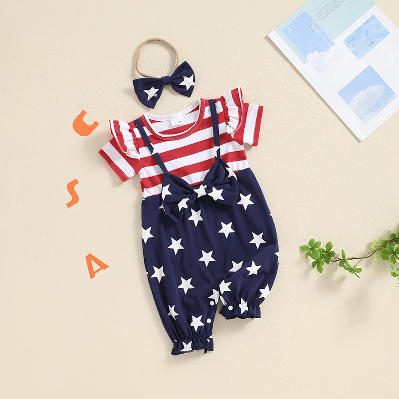 

Mubineo Newborn Baby Girl 4th of July Outfit American Flag Romper Ruffle Short Sleeve Jumpsuit with Headband Fashion Chic Shorts