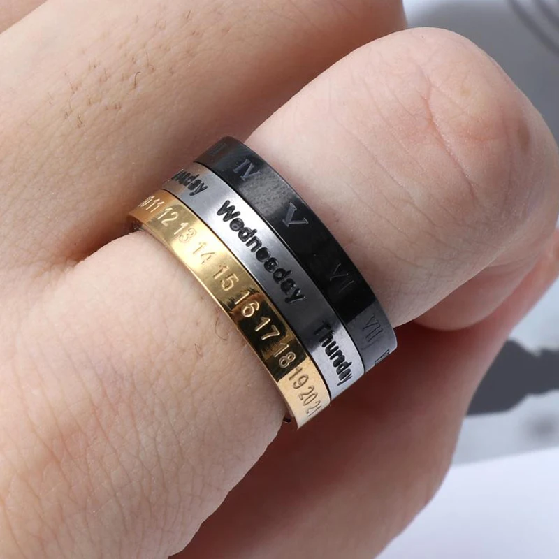 Finger Ring Titanium Steel Cool Punk Spinner Male Date Time Calendar Creative Rotatable 3 Part Roman Numerals Anxiety Fidget Rings