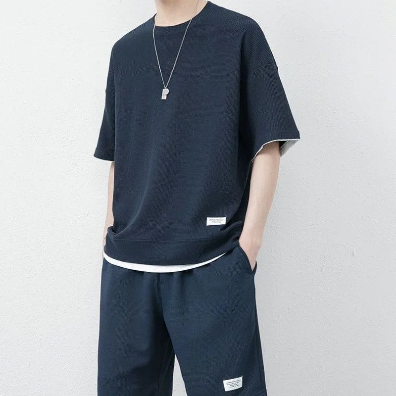 Waffle Casual Set for Men's 2023 Summer New Arrival Trend Fashion Slim Fitting Design Sports Short Sleeved Shorts Two-piece Sets