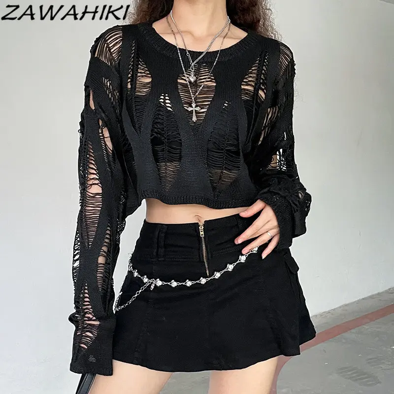 

Hole Hollow Out Loose Casual Long Sleeve T Shirt Women Summer O-neck Versatile Knitted Solid Color Chic Design Streetwear Top