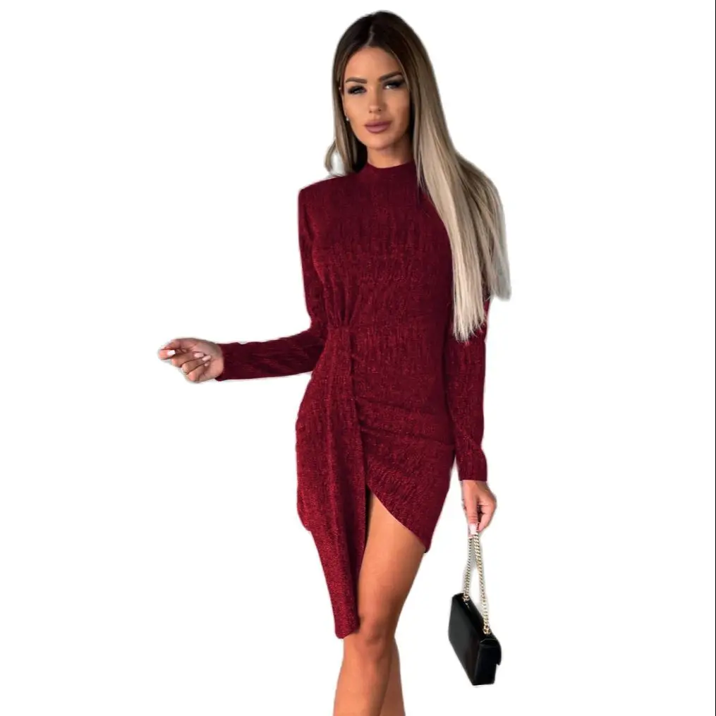 

Spring Fall Fashion New Women Long Sleeve Silver Shiny Dress Wrap Hip Mini Skirt Office Lady Casual Clothing Girl Party Gift