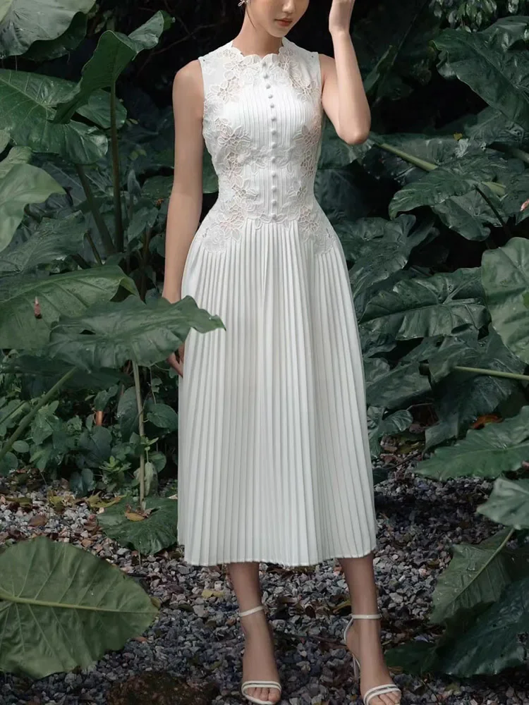 الصيف المدرج تطريز أنيق مطوي فستان المرأة بلا أكما...