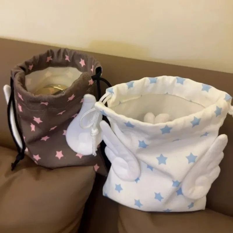 Portable Fashion Bundle Pocket Star Pattern Rope Drawstring Design Cosmetics Bag Canvas Dustproof Storage Bag with Plush Wing