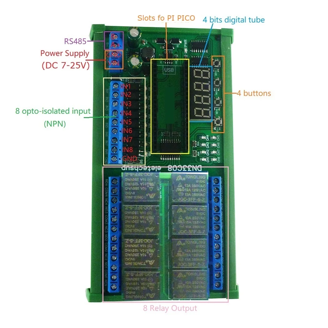 간단한 PLC IO 확장 보드 다기능 지연 릴레이 모듈, RasPi RPI 라즈베리 파이 피코 파이썬 C ++ 용, 8ch RS485