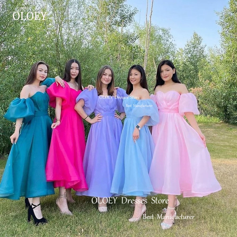 

OLOEY Simple A Line Organza Party Evening Dresses Sweetheart Puff Short Sleeves Tea Length Prom Gowns Bridesmaid Dress Korea