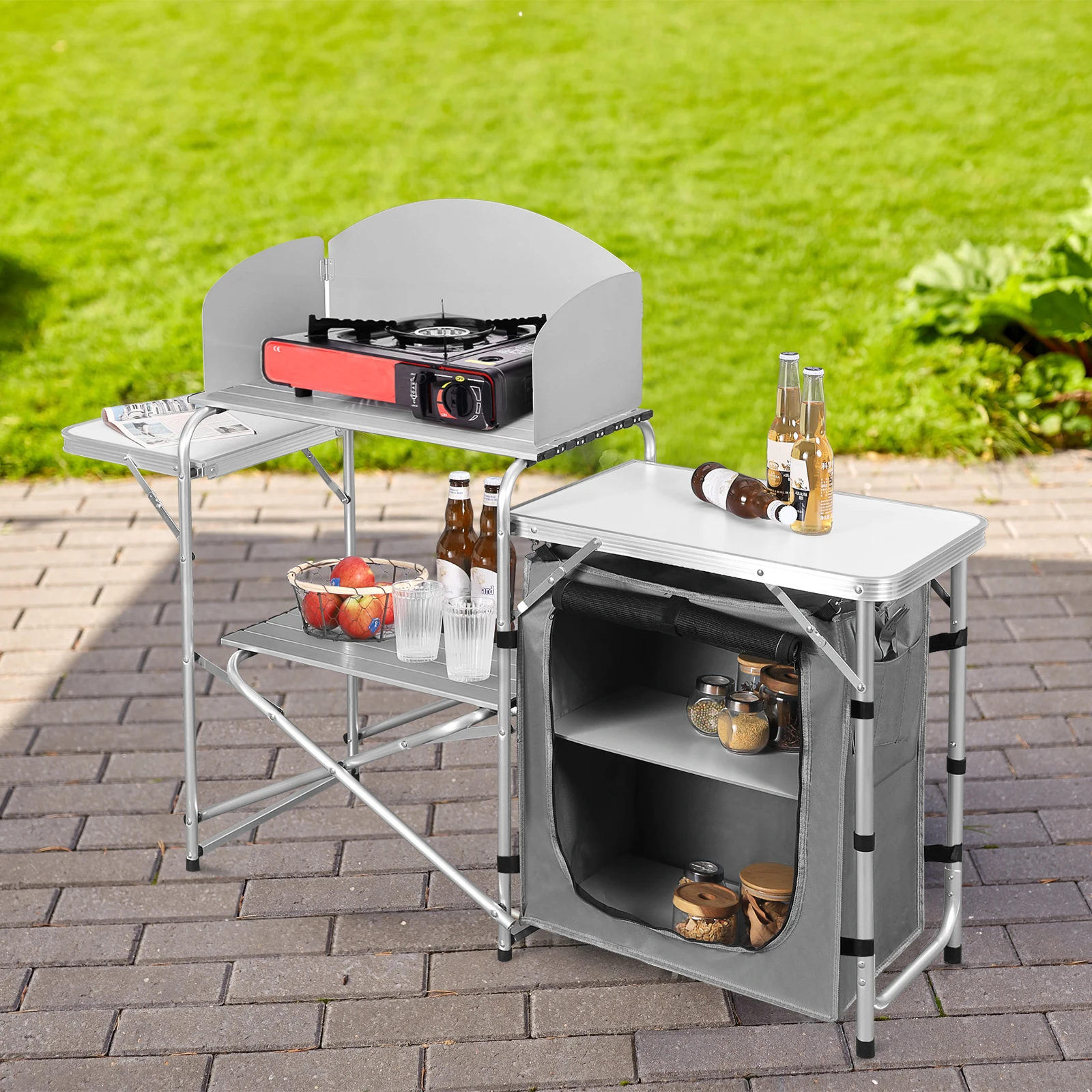 WOLTU Folding Cupboards Garden Camping Table with Storage Cabinet Portable Bag Wind Protection for Picnic BBQ Party