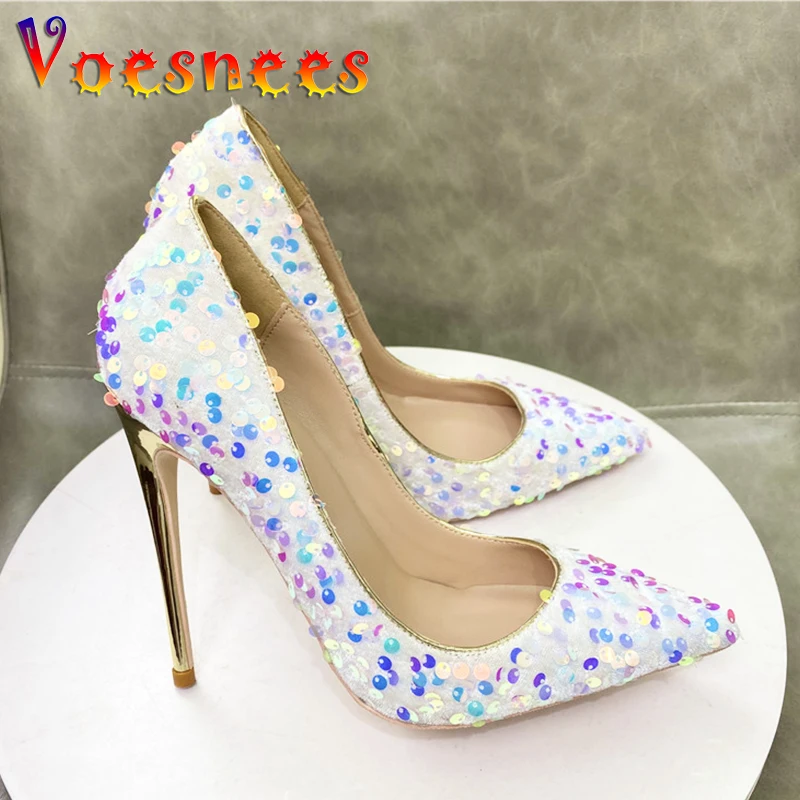 

Fashion Women's Wedding Dress Shoes Colorful Sequin Bride White High Heels 12CM Gold Stilettos Size 34-43 Elegant Party Pumps