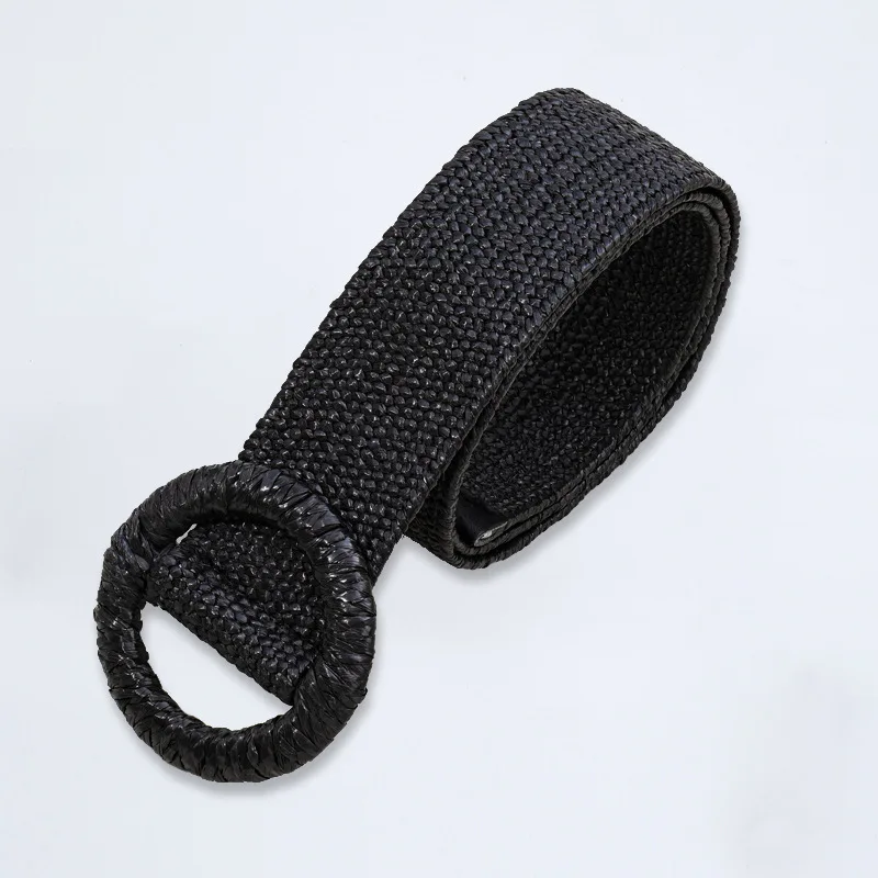 New imitation grass woven women's elastic waistband personalized large plastic buckle versatile dress elastic waistband