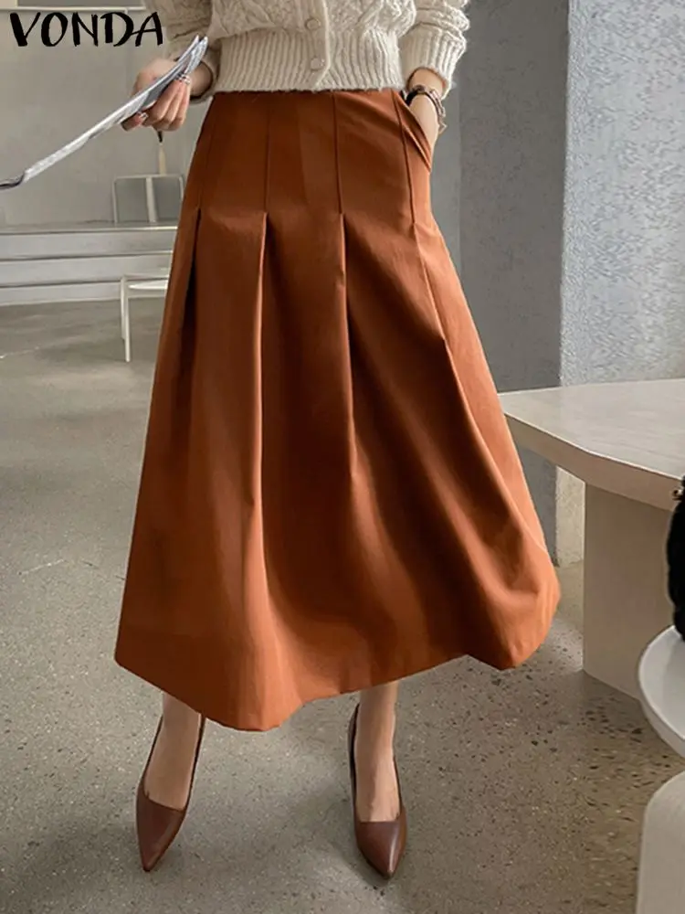 

Midi Skirts VONDA Women 2023 Summer Elegant Office Pockets Pleated Skirt Casual Loose Solid Color Streetwear A-Line Bottoms