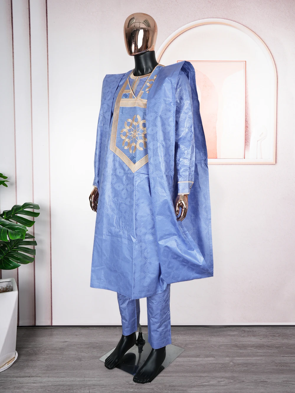 African Traditional Muslim Ramadan Embroidery Wedding Party Thobe Bazin Riche Outfits 3PCS Robe Suit No Cap For Men Agbada
