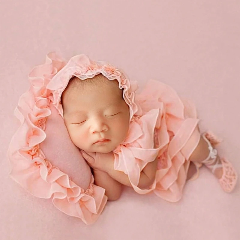 

4pcs Newborn Photography Prop Girl Outfits Baby Lace Romper Hat Pillow Shoes Set QX2D
