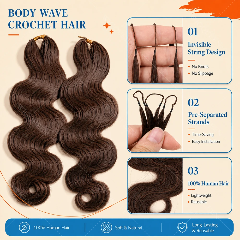 Body Wave Crochet Hair Extensions Braiding 100% Human Hair PreSeparated Knotless #4 Chocolate Brown Feather Crochet Bundles Hair 3