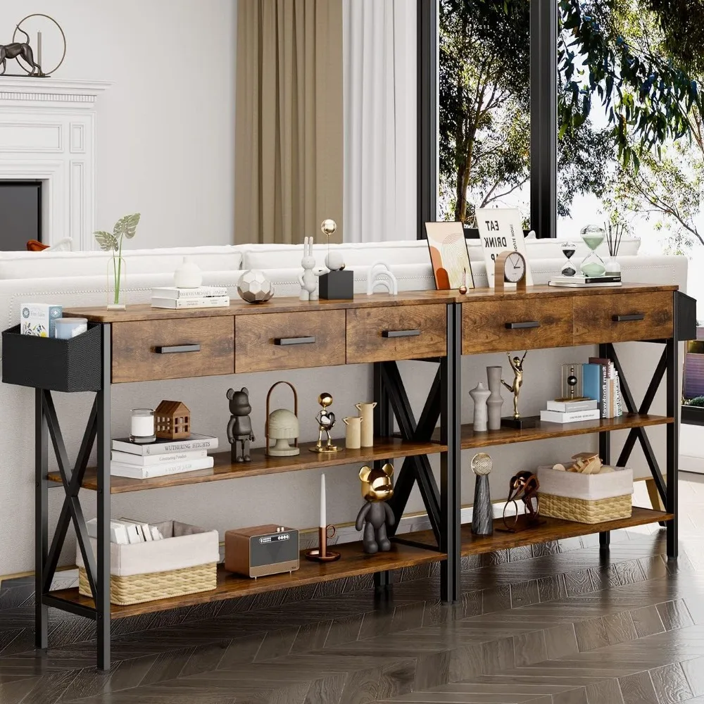 47" Console Table with 3 Drawers, Industrial Entryway Table with 3 Tier Storage Shelves 5