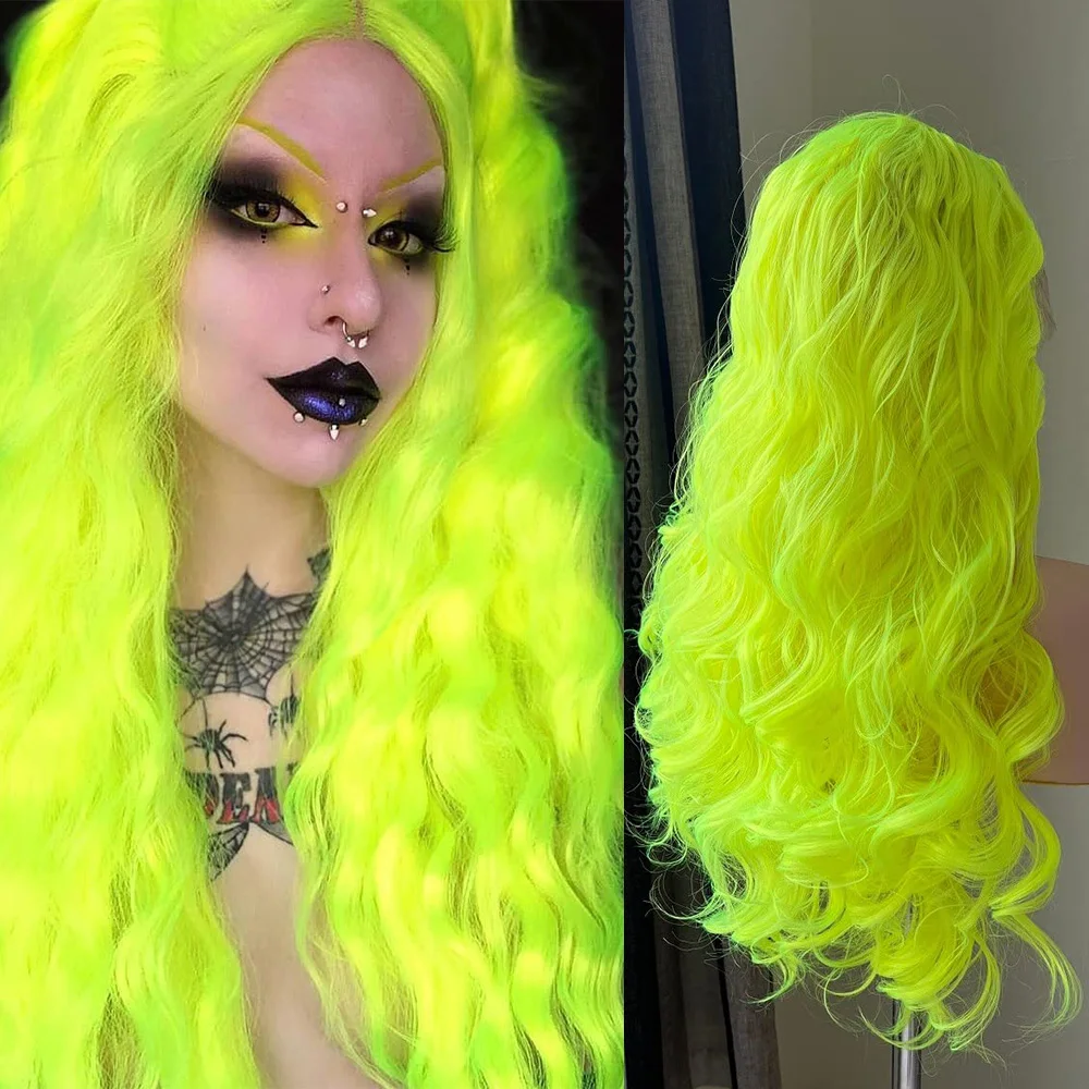 Long Straight Neon Yellow Synthetic Wig 13x3 Middle Part Lace Front Wigs for Cosplay Party Heat Resistant for Black Women
