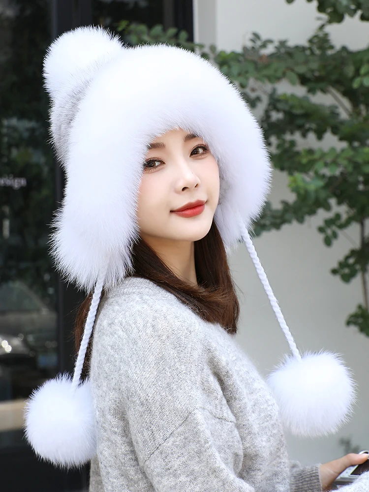 Real Mink Fur Hat with Fox Fur Ball Earmuffs Protective Cap Winter Hat for Women Russian Autumn Hat Fox Fur Beanies Fall Bonnet 3