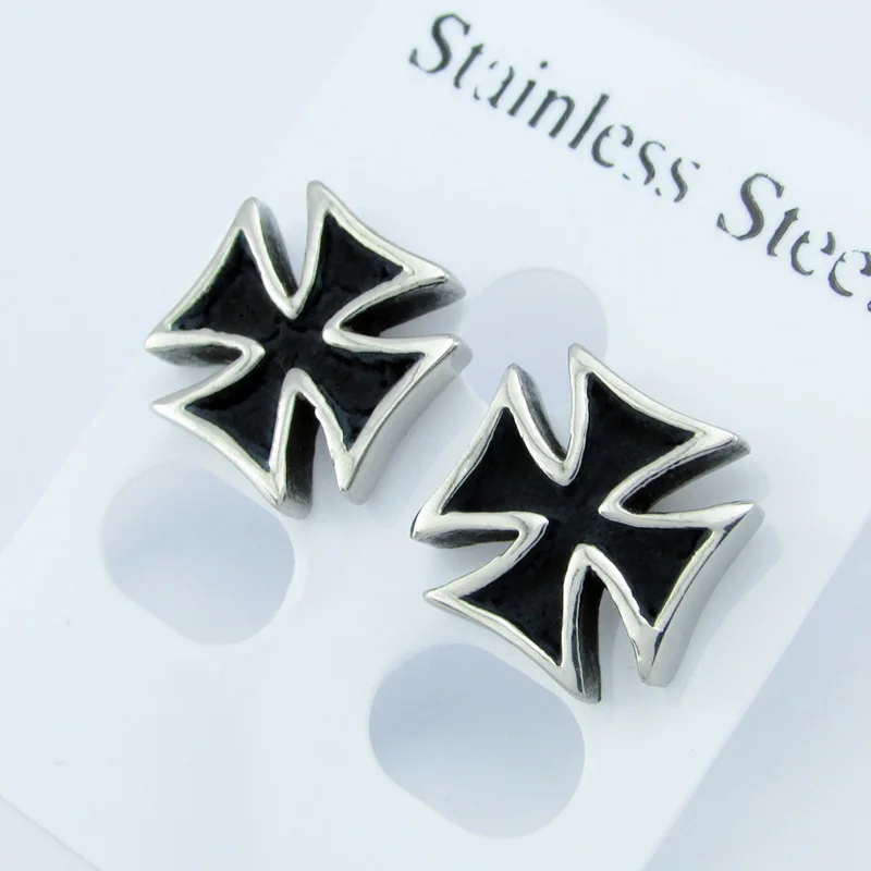 Silver Color Knight Templar Black Cross Earrings Punk Crusaders Band Stud Earring For Women's Fashion Gift Jewelry 3