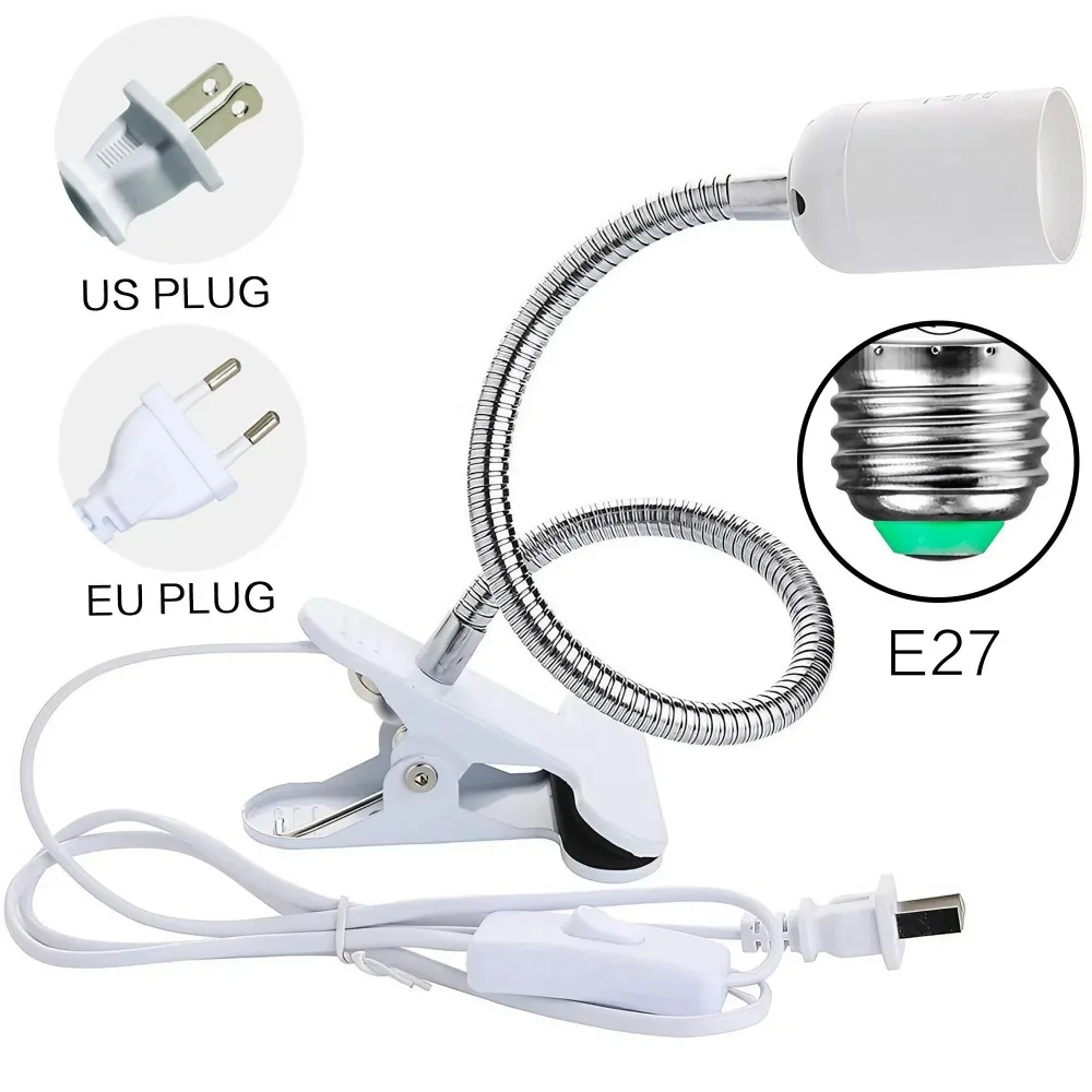 360 Degree Flexible Desk Lamp Holder E27 Light Base Socket Gooseneck Clip-on Cable with Power On Switch for Home