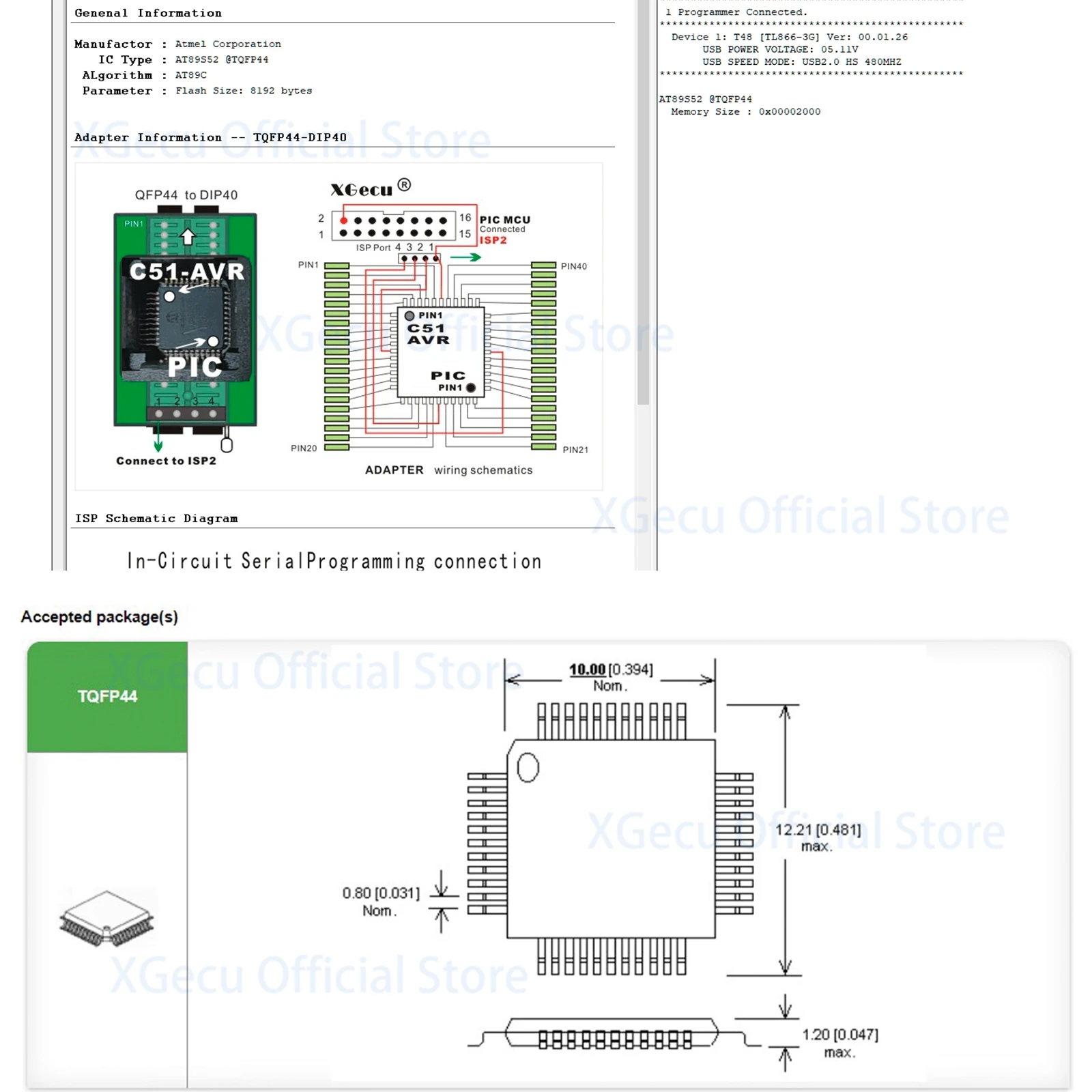 XGecu T48 프로그래머용 IC 테스트 소켓 프로그래밍 어댑터/컨버터, QFP44_EX1 QFP44 TO DIP40 (C51 AVR PIC 3 in 1) 