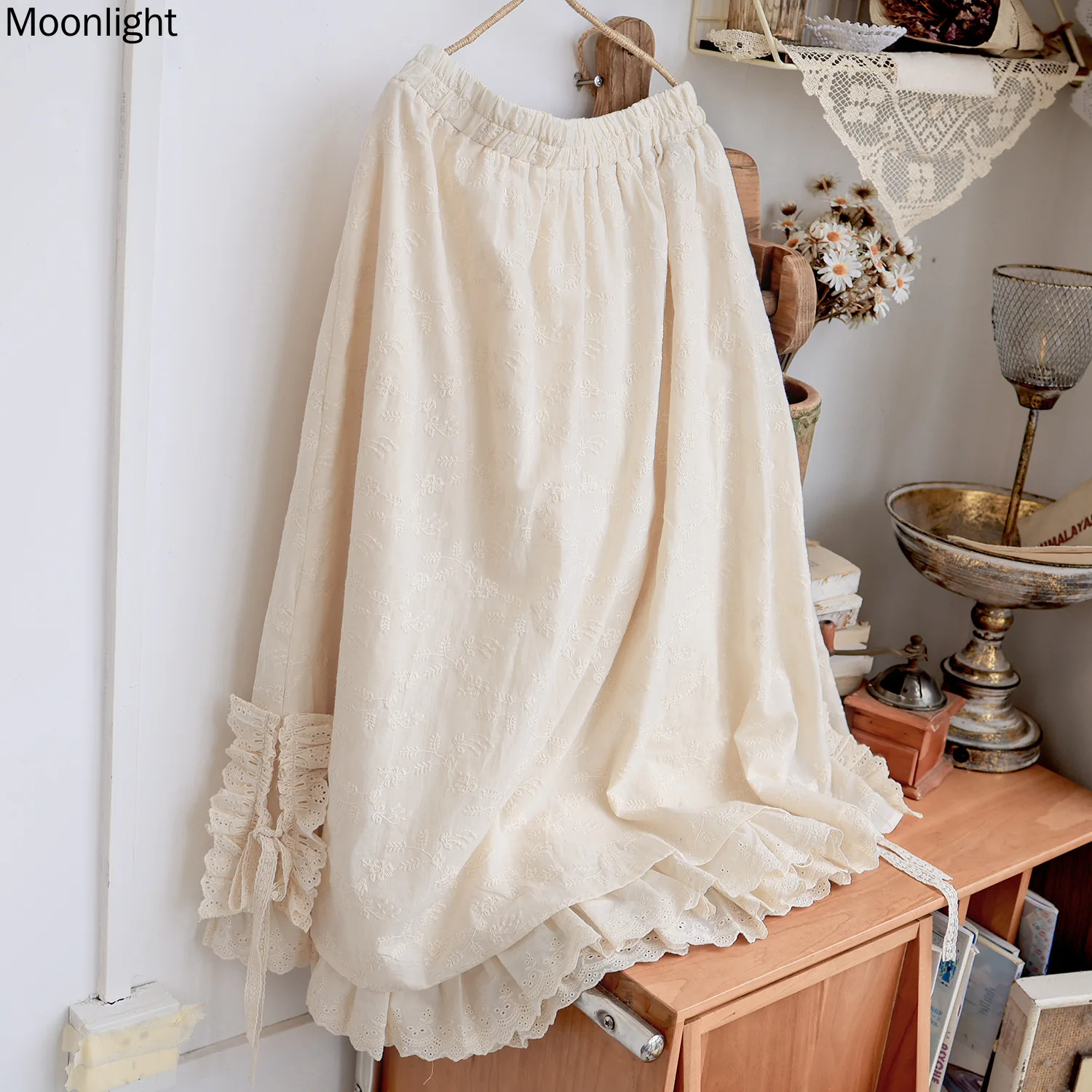 

Mori Girl Embroidery Skirt Women Japan Sweet Elastic Waist Pleated A-line Skirt Elegant Falbala Drawstring Gothic Overskirt