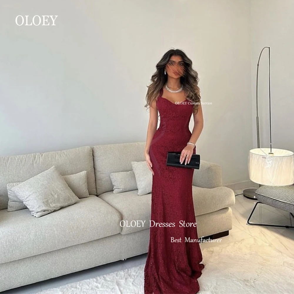 

OLOEY Wine Red Elegat Full lace Mermaid Evening Dresses Straps Floor Length Prom Gowns Formal Party Dress Vetido de noche 2023