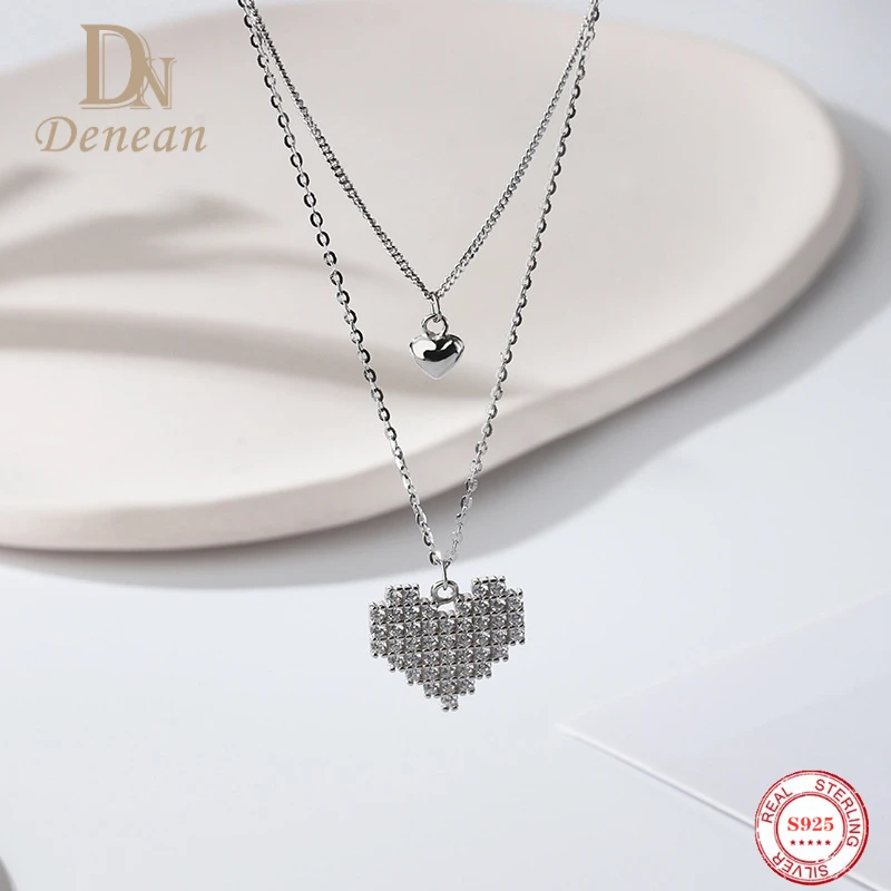 

Denean 925 Sterling Silver Love Heart Necklace for Women Double Layered Chain Necklace Light Luxury Jewerly Gifts New Sale 2022